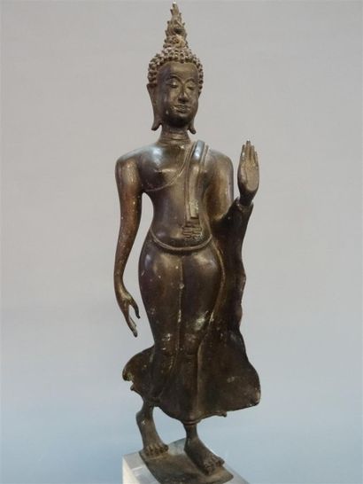 Bouddha marchant, vêtu d'une cape monastique...