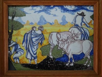 Nevers Deux carreaux à décor polychrome à...