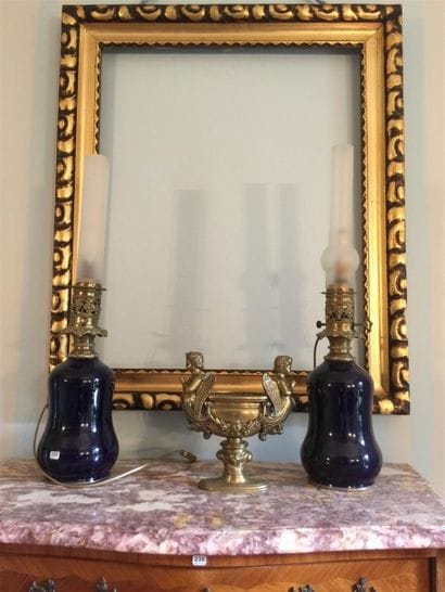 Paire de lampes à huile en porcelaine bleu...