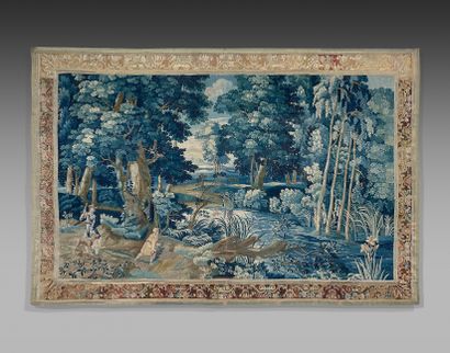 TAPISSERIE dite verdure bleue, en laine et...