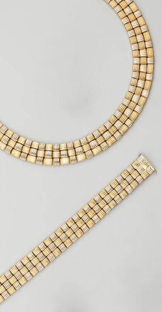 Collier et bracelet souple en or gris, formé...