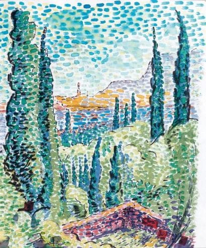Henri GARROUSTE
Paysage aux cyprès Aquarelle...
