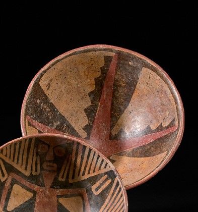 Cream terracotta bowl with red and black...