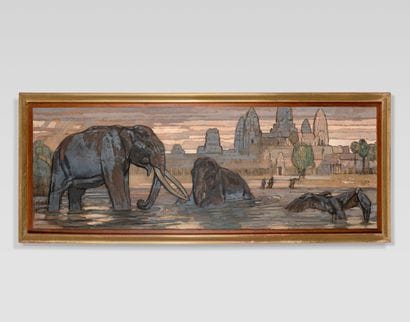 Paul JOUVE (1878-1973) Eléphants se baignant...