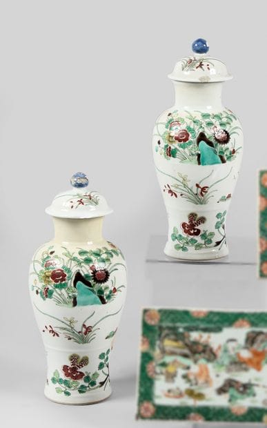 Pair of small covered baluster vases in porcelain...