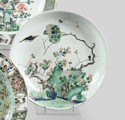 Porcelain and enamel dish in the green family,...
