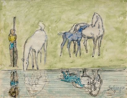 Taneo SUENAGA (1913-2009) Chevaux au bord...