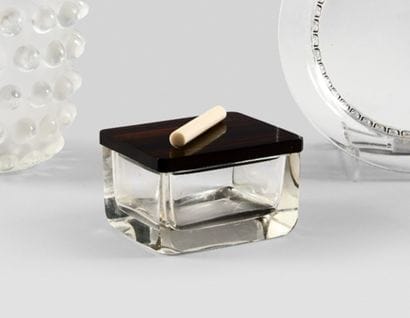 Rectangular glass box, rosewood stick lid....