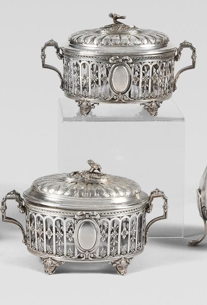 Pair of silver oval covered drageoirs with...