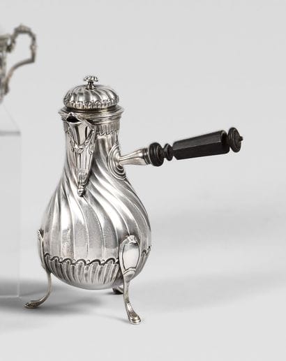 Twisted silver tripod coffee pot, fluted...