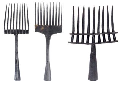 Trois foënes en fer forgé, à pions disposés...