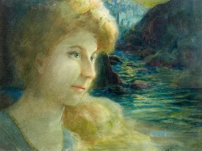 Ecole Symboliste
Jeune femme dans un paysage
Aquarelle,...