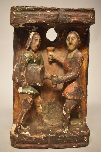 Bas-relief en pin polychrome sculpté de deux...