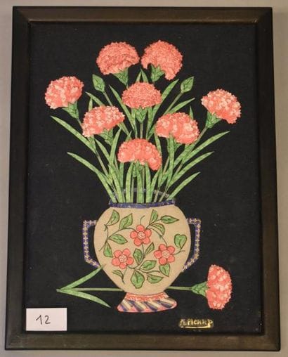 Tableau potiche aux oeillets composés de...