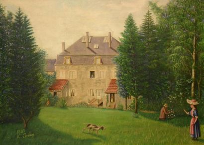 Huile sur toile, figurant une maison bourgeoise...