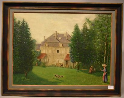 Huile sur toile, figurant une maison bourgeoise...