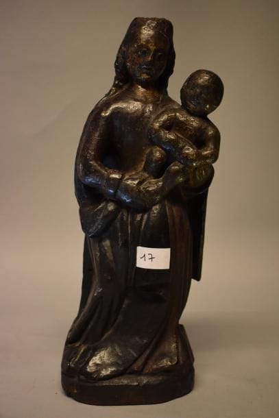 Statue Vierge à l'enfant. En bois peint....