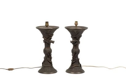 Paire de vases cornet en bronze patiné à...