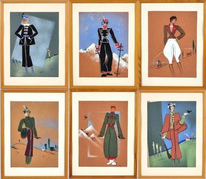 Suite de 6 gouaches de mode sur papier bistre...
