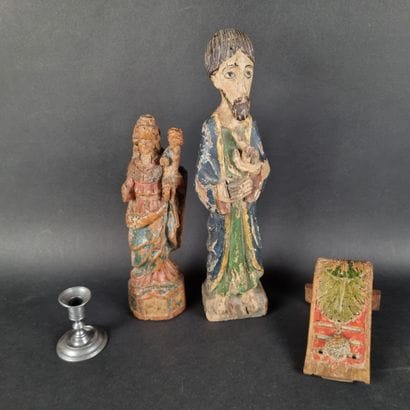 Lot comprenant : 1 Vierge à l'Enfant en bois...