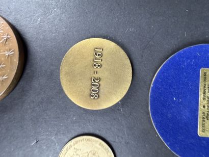 Lot de 16 médailles diverses en métal, cuivre...