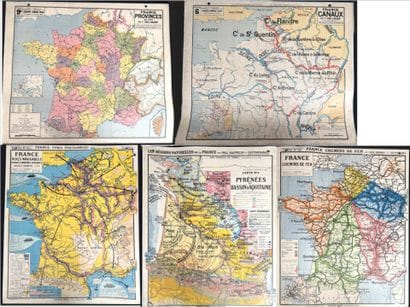 Lot de 5 cartes scolaires en couleurs : régions...