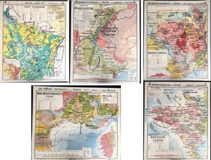 Lot de 5 cartes scolaires en couleurs : régions...