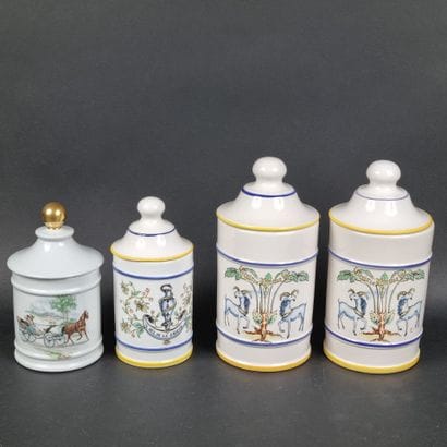 Lot de 4 pots à pharmacie en faïence et en...