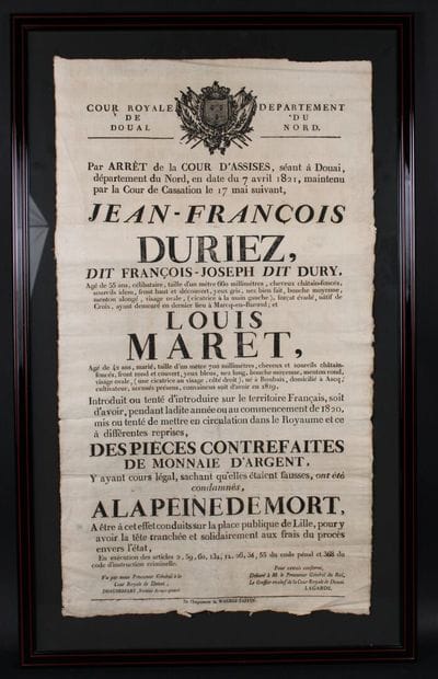 Affiche de la Cour Royale de Douai condamnant...