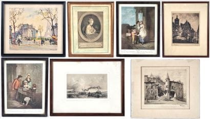 Lot de 7 pièces encadrées diverses