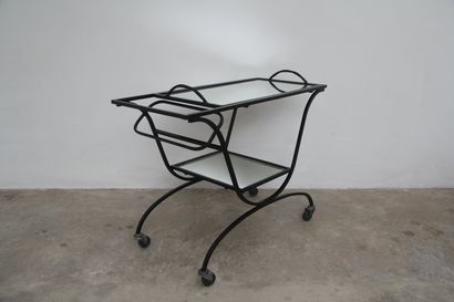 Art deco black lacquered metal rolling side...