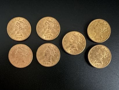 Lot de sept pièces de 10$ Liberty Etats-Unis,...