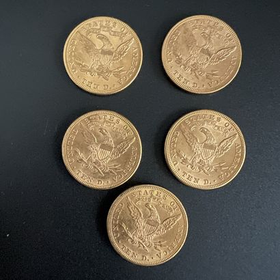 Lot de cinq pièces de 10$ Liberty Etats-Unis,...