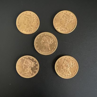 Lot de cinq pièces de 10$ Liberty Etats-Unis,...