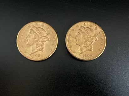 Lot de deux pièces de 20$ Liberty Etats-Unis,...