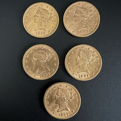 Lot de cinq pièces de 10$ Liberty Etats-Unis,...