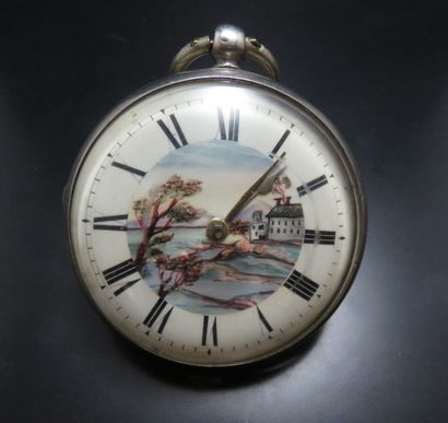 Montre de poche en argent, le dos émaillé...