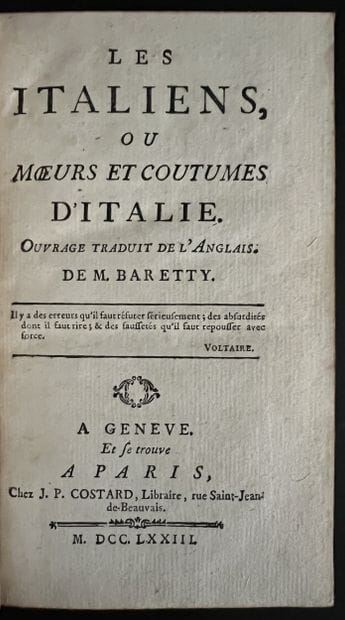 BARETTI (Giuseppe). Les italiens, ou Mœurs...
