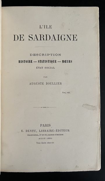 BOULLIER (Auguste). L’île de Sardaigne. Description....