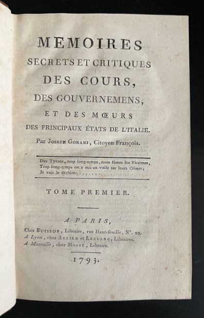 GORANI (Giuseppe). Mémoires secrets et critiques...