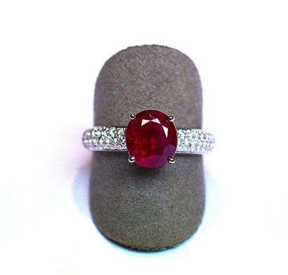 Bague jonc or blanc centrée d'un rubis ovale...