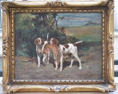 Chiens de chasse, huile sur toile signée...
