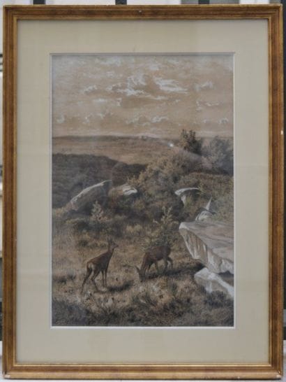 Leon DELAMBRE (1846-1916), Paysage aux chevreuils,...