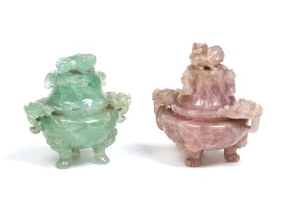 BRULE-PARFUM tripode en quartz rose sculpté,...