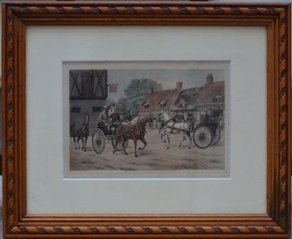 W. CODDY, Attelages devant l'Auberge, gravure...