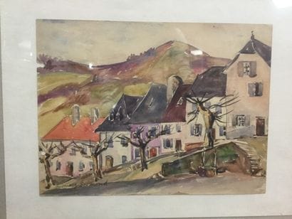 Marguerite BERMOND, Village, aquarelle sous...