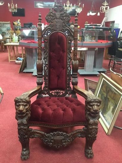 Trône bois sculpté assise velours, 