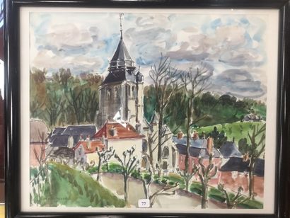 Marguerite BERMOND, Eglise, dessin aquarellé...