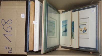 168- Lot de pièces encadrées, aquarelles,...