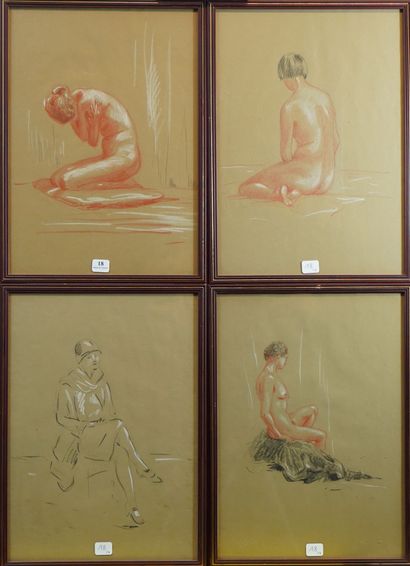 18- Suite de quatre dessins au crayon gras...